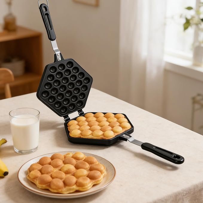 Bubble Waffle Pan, Premium Cast Aluminum Anti Stick Stovetop Waffle Maker with Fixed Bracket and Stainless Steel Handles, for Home Commercial Use
