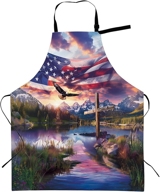Patriotic Eagle Apron with Adjustable Neck Strap,American Flag Cross Kitchen Aprons with 2 Pockets for Women,28x33in,Oxford Fabric,Gifts for Wife Mom,For Chef Cooking Baking Gardening BBQ