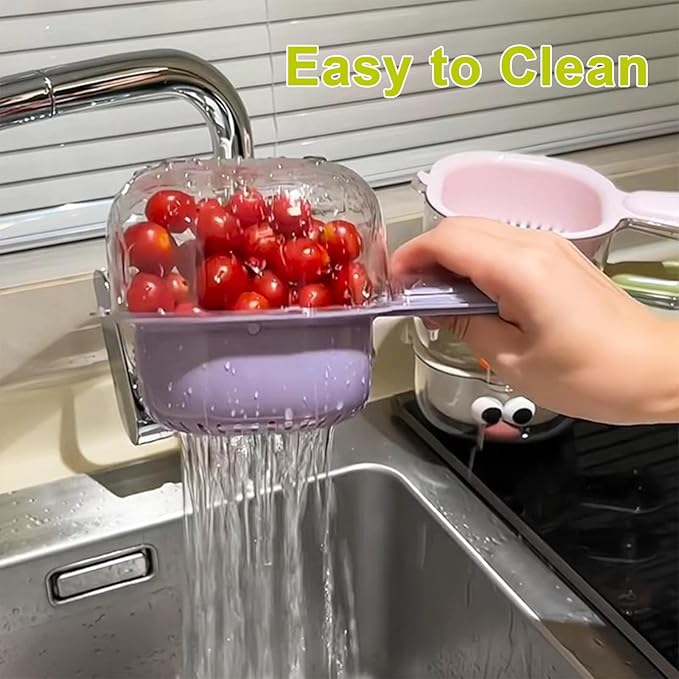Kitchen Dual Layer Draining Basket with Handle,Double Drain Plastic Fruit Washing Bowl, Handy Mini Berry and Tomato Washer, Fruit Storage Container (Green)
