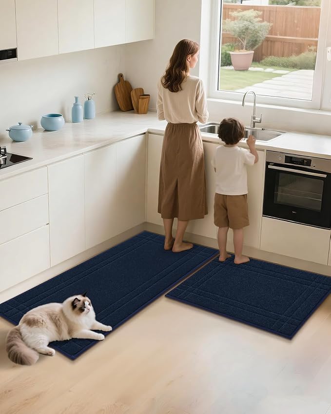 JSEI Kitchen Mats for Floor, Non-Slip Kitchen Rugs, Soft Washable Absorbent Kitchen Mats 2 PCS, Kitchen Runner Rug with TPR Backing, Polyester, 20"x32"+20"x48", Navy Blue