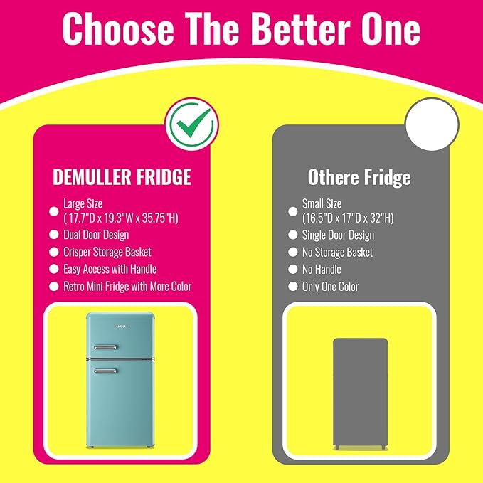 DEMULELR Retro Mini Fridge Dual Door Refrigerator with Freezer, 3.5 Cu.ft Small Refrigerator with Handle, Adjustable Temperature & Removable Glass Shelves, for Apartment/Dorm/Office/RV, BLUE