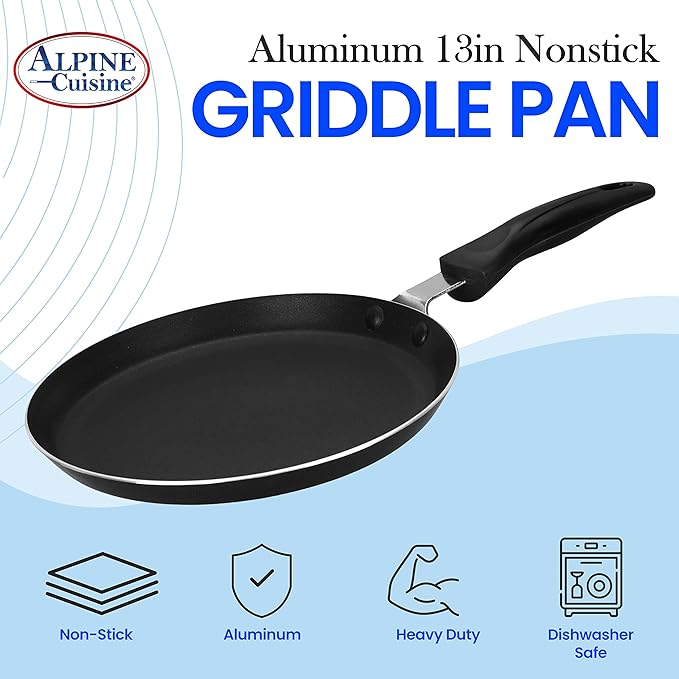 Alpine Cuisine Griddle Pan Aluminum 13in Nonstick Coating, Griddle Pan for Stove Top with Stay Cool Handle, PFOA Free, Durable Nonstick Cookware - Dishwasher Safe - Gray