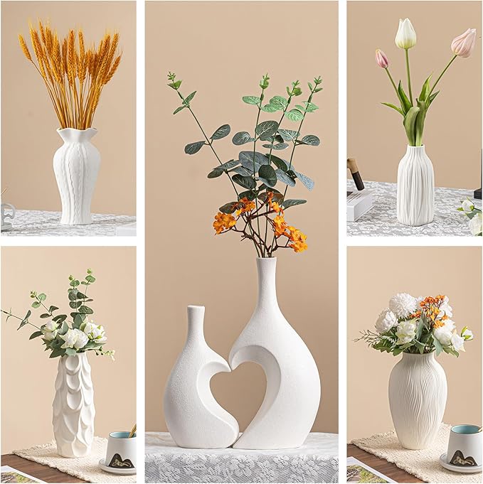 White Matte Ceramic Flower Vase - Woodgrain Sculptural with Vertical Texture, 7.2" Unique Vase for Pampas Grass/Centerpieces, Decorative Farmhouse Vase for Living Room/Office,Ideal Gift for Minimalist