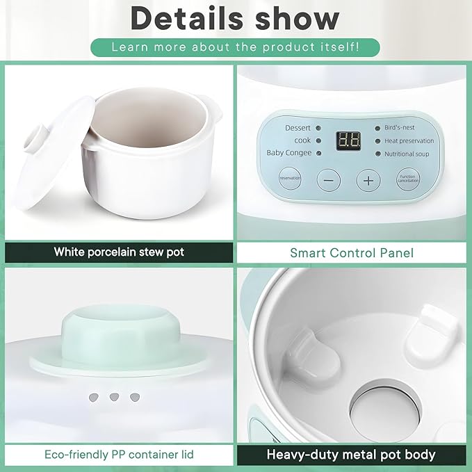 Green 1L Mini Slow Cooker with Steamer Basket, 200W Smart Ceramic Electric Stew Pot, 24-Hour Timer & Auto Keep-Warm, Dry-Burn Protection, Kitchen Cooking Appliance