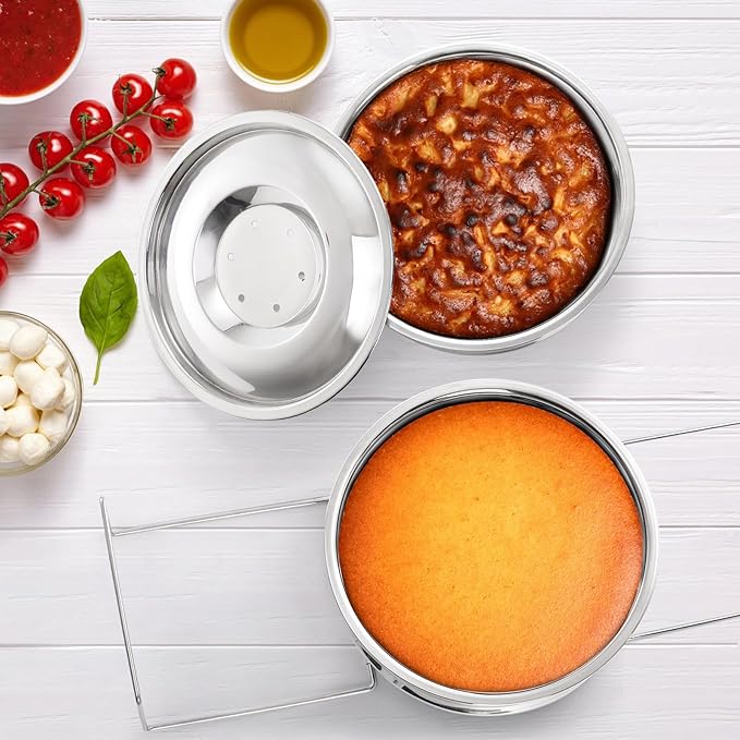 WUWEOT Stackable Steamer Insert Pans, 2 Tier Stainless Steel Pot-in-Pot Baking Pan, Pressure Cooker Accessories with Sling Handle and Silicone Gloves for Instant Pot