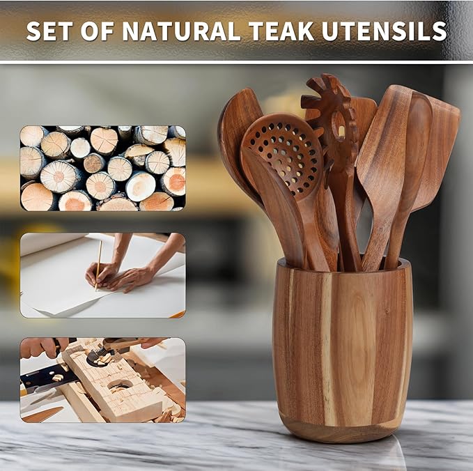 9 PCS Kitchen Utensils Set - Wooden Spoons for Cooking, Natural Teak Wooden Utensils - Includes Wooden Spoons, Spatula Set, Slotted Spoon - Handmade Wooden Spoon Set