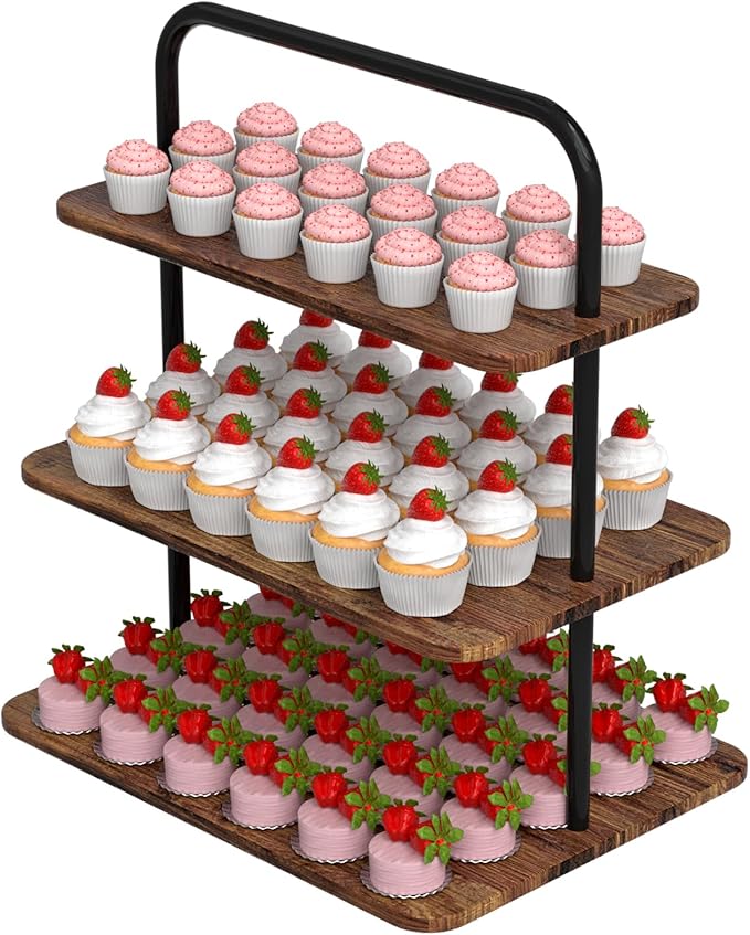 Cupcake Stand, 3-Tier Dessert Stand for 52 Cupcakes, Wood & Metal Tower Display Premium Holder Dessert Tree Tower for Christmas Birthday Weddings Party Decor, Serving Tray, Wood Brown