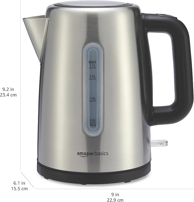 Amazon Basics Electric Stainless Steel Kettle for Tea and Coffee, BPA-Free, Fast Boiling, Auto Shut-Off, 1.7 Liter, 1500W, Black and Silver