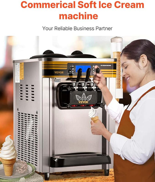 VEVOR Commercial Ice Cream Maker, 22-30L/H Yield, 2350W Countertop Soft Serve Machine with 2x6L Hopper 2L Cylinder LCD Panel Puffing Shortage Alarm, Frozen Yogurt Maker for Restaurant Snack Bar