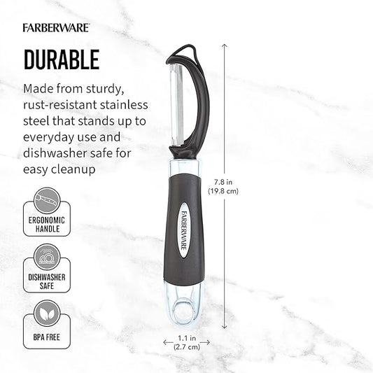 Farberware Euro Peeler, a Kitchen Essential for Quick and Easy Peeling of Produce, Chocolate, Cheeses and More. Features Hang-Hole for Easy Storage, Dishwasher Safe, Black