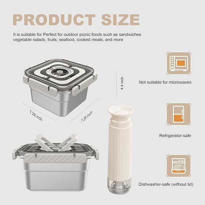 Compact vacuum sealer pump - 2PACK Stainless Steel Vacuum Food Storage Containers [60 fl oz] -With Handles for Easy Carrying, Keep Food Fresh Longer, Leak-Proof, Ideal for Meal Prep, Marinating