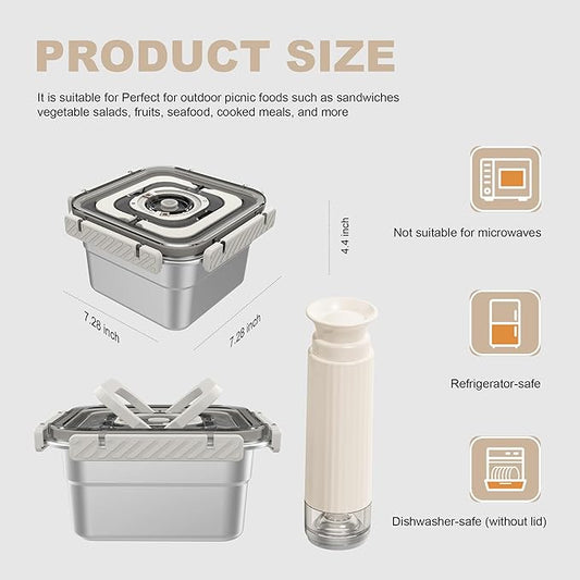 Compact vacuum sealer pump - 2PACK Stainless Steel Vacuum Food Storage Containers [60 fl oz] -With Handles for Easy Carrying, Keep Food Fresh Longer, Leak-Proof, Ideal for Meal Prep, Marinating
