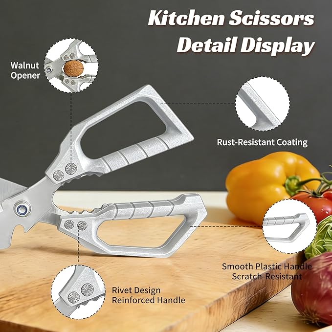 Kitchen Scissors Silver, Multifunctional Kitchen Shears For Food with Ergonomic Handle,Stainless Steel Kitchen Shears,Sharp Cooking Scissors for Chicken, Meat,Turkey, Seafood, Bone Cutting