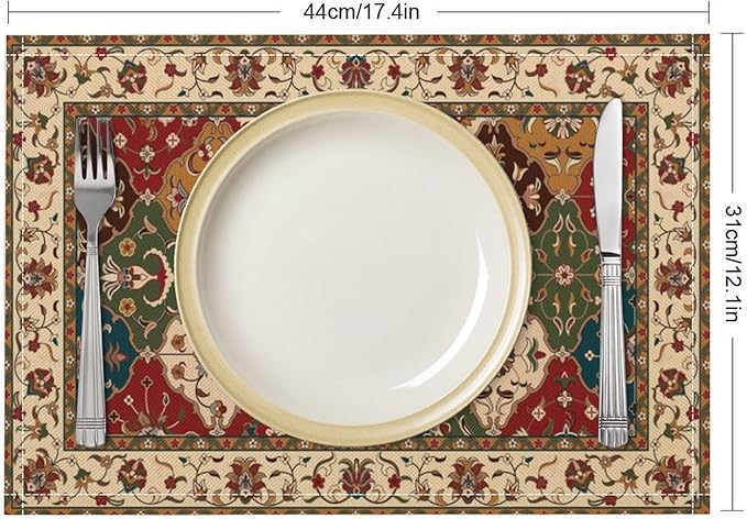 Boho Vintage Ethnic Placemats Set of 4 Rustic Farmhouse Retro Red Floral Art Printed Dining Table Mats for Restaurant Home Kitchen Holiday Picnic Party Decor 12x18in