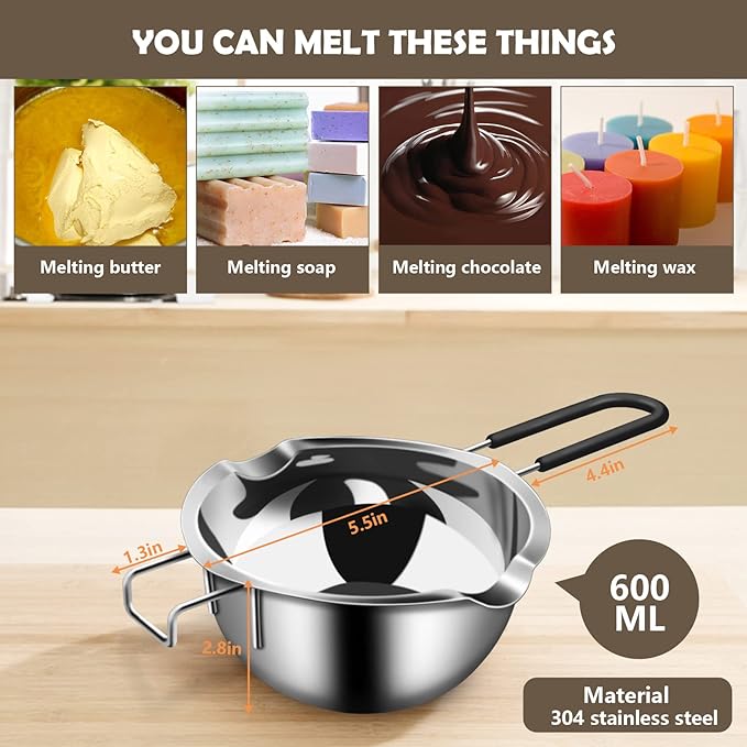 Artcome 5pcs Double Boiler Melting Pot Set - 600ML/0.6QT Chocolate Melting Pot, 1600ML/1.7QT Stainless Steel Pot, Decorating Spoons, Silicone Spatula and Dipping Tool for Melting Chocolate, Candy, Wax