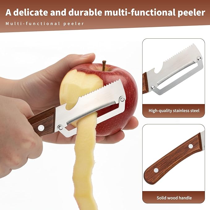 2 Pcs Multi-Functional Vegetable Peeler for Kitchen, Features Solid Wood Handles, Stainless Steel Blade, with Bottle Opener, Kitchen Peeling Tool for Fruits Potatoes Apples Carrots Zucchini