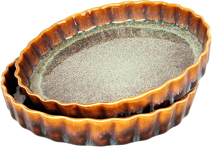 jinsongdafa Large Quiche Tart Pans Pan Set of 2, 13.5 oz Ceramic Au gratin pans, Fluted Ruffled Edge for Quiche Baking Dish/Pie Pan, Microwave Freezer Dishwasher Oven safe, Great Gift for Bakers
