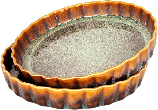 jinsongdafa Large Quiche Tart Pans Pan Set of 2, 13.5 oz Ceramic Au gratin pans, Fluted Ruffled Edge for Quiche Baking Dish/Pie Pan, Microwave Freezer Dishwasher Oven safe, Great Gift for Bakers