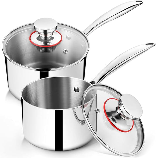 P&P CHEF 2 & 3 Quarts Tri-Ply Stockpot and Saucepan, Stainless Steel Sauce Pan with Lid, Cooking Induction Pot, Kitchen Cookware for All Stoves, Non-Toxic, Durable & Dishwasher Safe, 2 Pieces