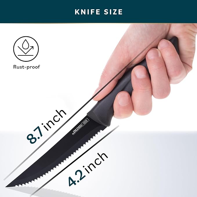 Home Hero Steak Knife Set - Nonstick Serrated Steak Knives - Stainless-Steel Kitchen Knife Set - Ergonomic TPR Handles for Precision Meat Carver - 6-Pc Set, Black