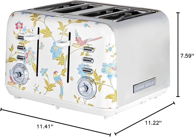 VQ Laura Ashley Elveden White Stainless Steel 4 Slice Toaster | Multi-Functional Bagels & Bread Toaster 4 Slice with Adjustable Heating & Defrost Mode | Featuring 4 Wide Slots, Croissant Warming Rack