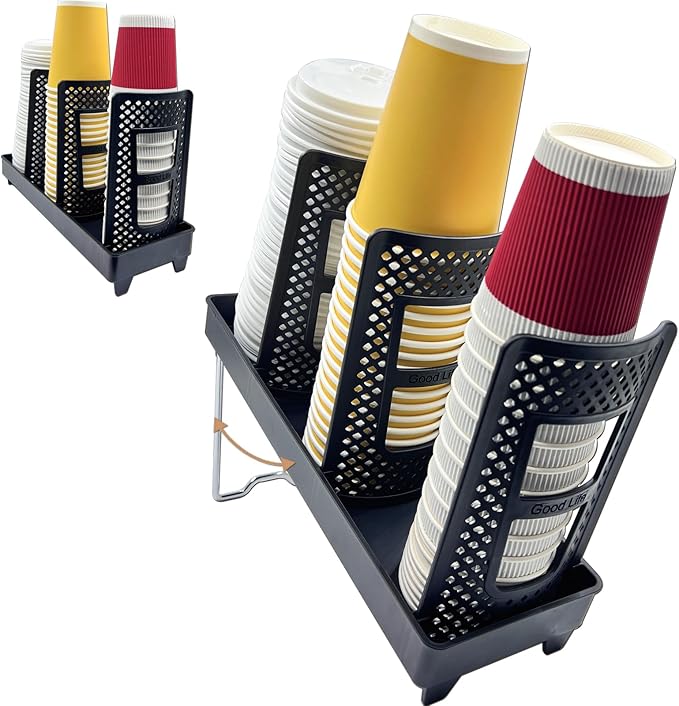 Paper Cup and Lid Holder,CIT ZCFYU Adjustable Disposable Coffee Cup Dispenser, 3-Slot Upright Plastic Cup Holder Organizer for Coffee Stations, Kitchens, Bars, Restaurants, Lounges (Black)