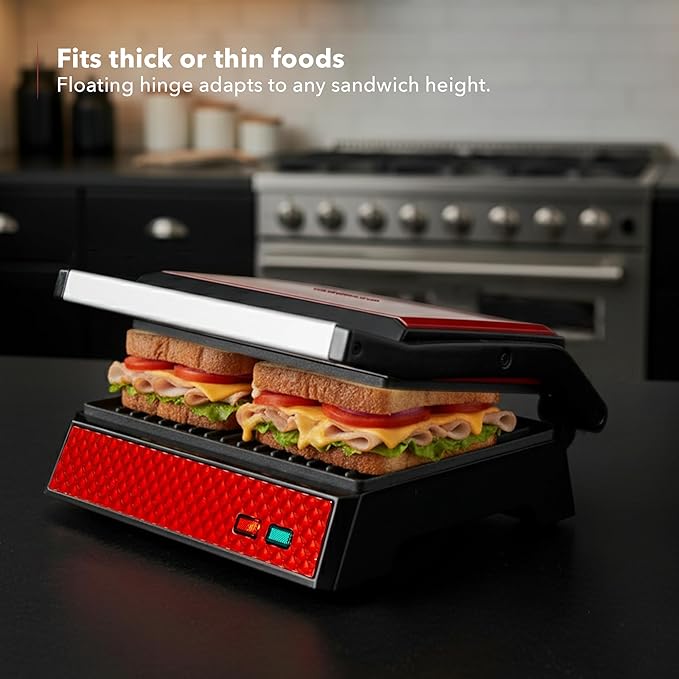 OVENTE Electric Indoor Panini Press Grill and Sandwich Maker with Non-Stick Coated Plates, Cool-Touch Handle and Removable Drip Tray, Opens 180 Degrees to Fit Any Type or Size of Food, Red GP0540R