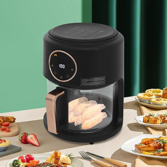 4.2L Glass Air Fryer with Transparent Fry Bowl,1200W Black Air Fryer with Digital Display, Adjustable Temp 176℉-392℉,60-Minute Timer, 8 Preset Modes for Home,Outdoor Picnics