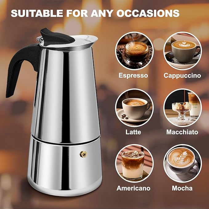 DITOSH 4 Cup Stovetop Espresso Maker Stainless Steel Moka Pot Stove Top Percolator Italian Coffee Makers Capable Mocha Greca Machine Cafe Classic Induction Cookers for Home and Camping 200ml 6.6oz