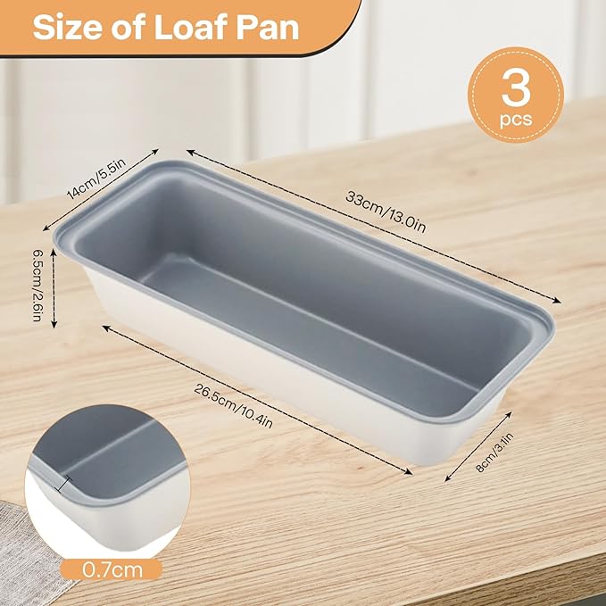 3-Pack 13×4 Inch Loaf Pan for Baking Bread, Nonstick Carbon Steel Bread Pan, Rust-Resistant & Warp-Resistant Full-Size Large Loaf Pan for Homemade Bread, Banana Loaf and Meatloaf