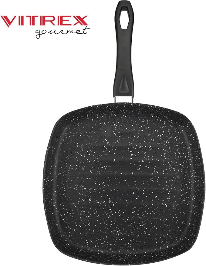 VITREX Granite Noir Metallic Nonstick 10.6" Square Grill Pan – Black Enameled Steel, Stone-Effect Triple-Layer Coating, Ridged Cooking Surface Griddle Pan