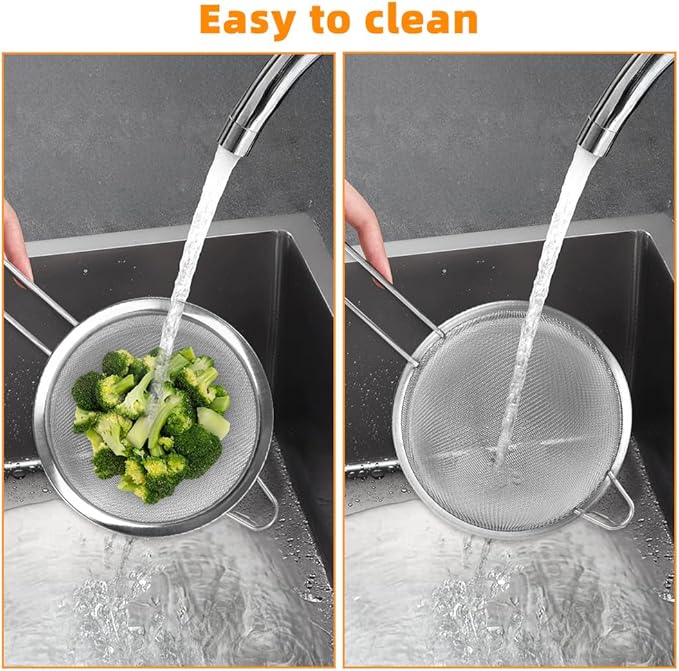 CEYAZYE Fine Mesh Strainers Set, 304 Stainless Steel Colander, Sifter, Sieve with Hanging Handle Design, Suitable for Sifting, Filtering Tea, Food, Juice, Pasta, Flour in Kitchen (3 Size)