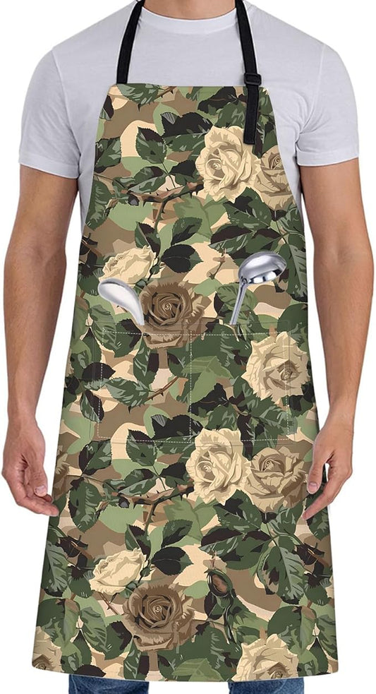 Camo Rose Apron for Women with Floral,28x33in,Goth Kitchen Aprons with 2 Pockets, Oxford Fabric,Green Leaves Adjustable Apron for Cooking Baking Gardening Chef,Gifts for Mom Wife