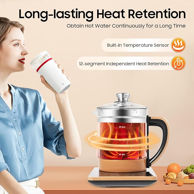 Electric Tea Kettle, 1.8L 800W Multifunctional Glass Kettle Health Pot Tea Maker Household W/Filter+ Digital Heating Base For Health Medicine Meals, Boiled Eggs, Noodles, Coffee, Soup, Hot Pot