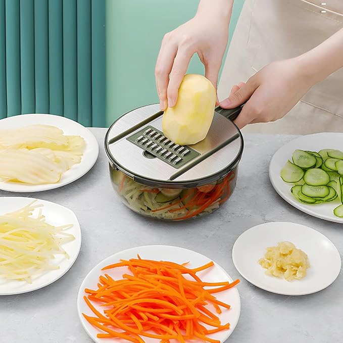 Mandoline Slicer with Hand Protector, Interchangeable Blade Vegetable Slicer Mandoline, Cucumber Slicer with Colander for Potato, Tomato, Carrot (Green)