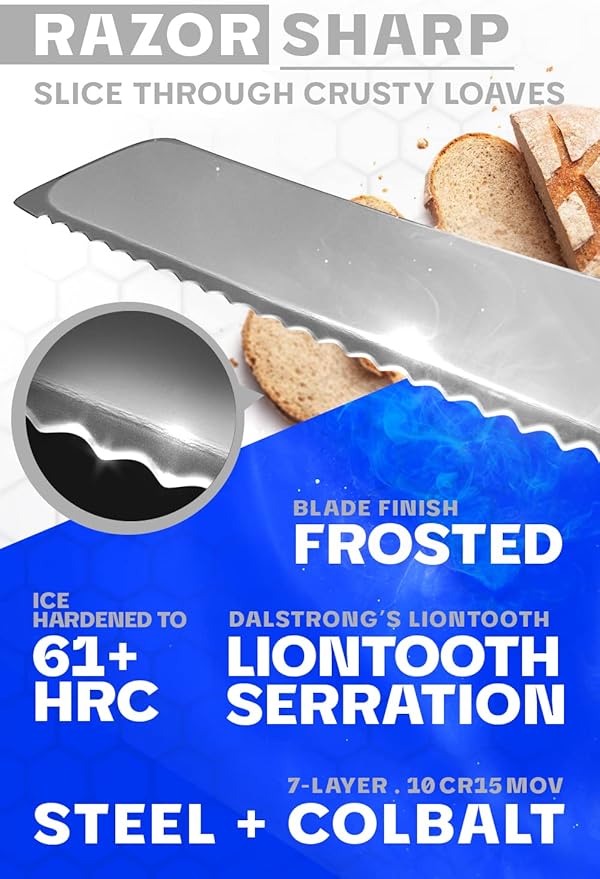 Dalstrong Serrated Bread Knife - 8 inch - Frost Fire Series - High Chromium 10CR15MOV Stainless Steel - Frosted Sandblast Finish - White Honeycomb Handle - Slicing - Leather Sheath - NSF Certified