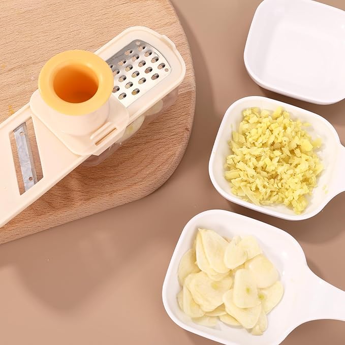Mini Garlic Slicer, 3-in-1 Multi Function Mandoline Slicer with Container for Grinding Grating and Mincer Slicing Garlic Ginger Vegetable Practical Home Kitchen Appliances Essentials Tool(White)