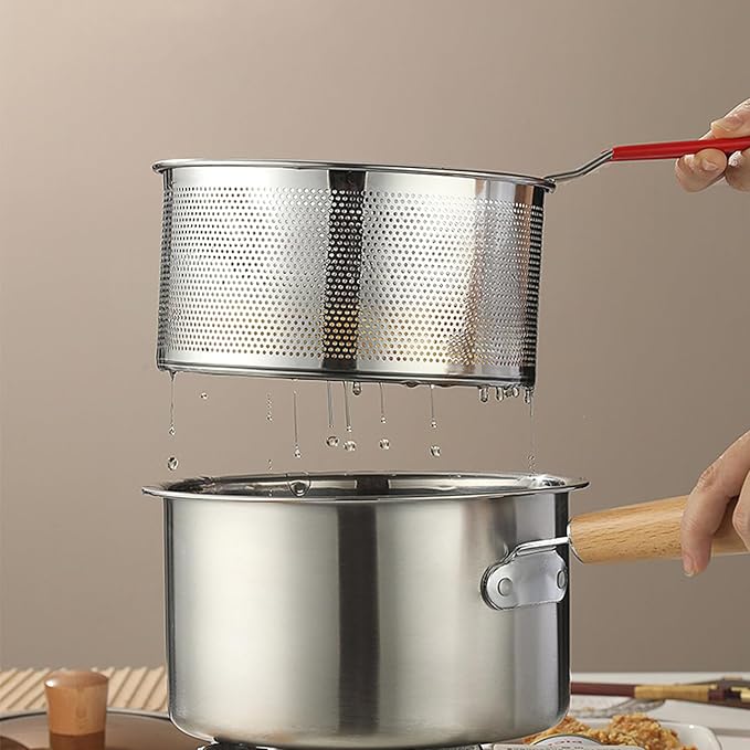 Pasta Strainer Set of 2, Stainless Steel Noodle strainer, 18cm with Removable Handle Metal Pasta Strainer Basket Deep Fryer Basket, Kitchen Colander for Washing Draining Deep-frying Boiling Steaming