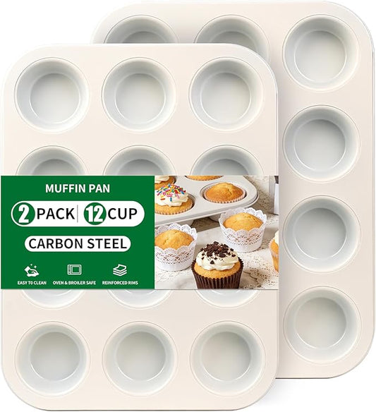 Rixordd 2-Pack Healthy Baking Cupcake Pan| Non Stick 12-Cup Muffin Pan | Durable & Easy Clean Muffin Tin | Perfect for Cupcakes, Muffins (White)