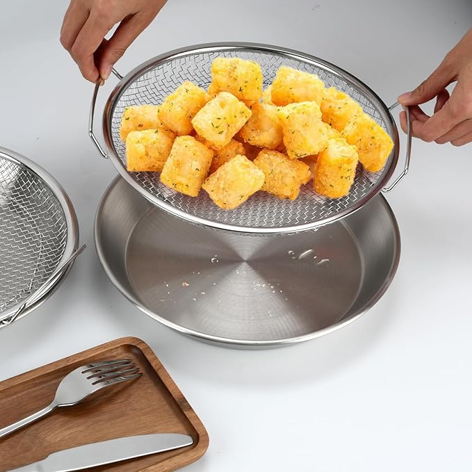 Oil Filter Tray, Stainless Steel Mesh Drain Basket Colanders Air Fryer Accessories for Fried Food Draining Rack Barbecue Grill Tray Net Draining Pan Strainer for Vegetable Dessert (8.7 Inch)