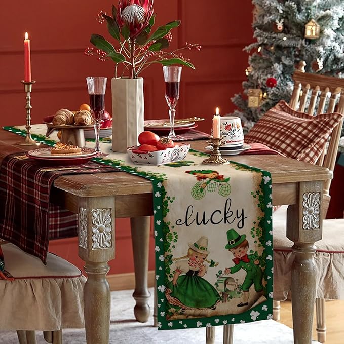Vintage St. Patrick's Day Table Runner St Patricks Day Decorations - Green Lucky Vintage Style Boys Girls Clover Spring Home Kitchen Dining Table Decor, St Patricks Day Party Decorations 13x72 Inch