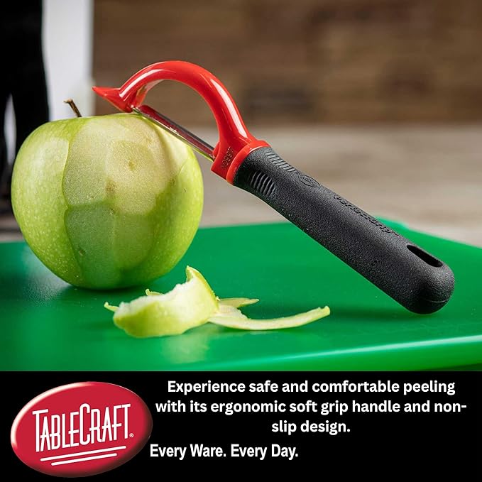 TableCraft 10997 Vegetable Peeler, Stainless Steel, Straight Edge, Ergonomic Non-Slip Handle with Eye Remover, 1.125"x1.375"x7.25", Red/Black – Commercial Kitchen Use