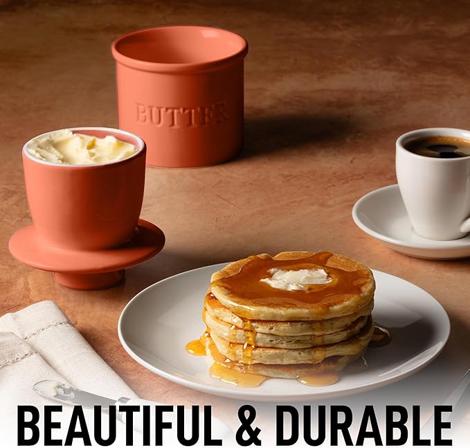 Zulay Kitchen Bell Shaped Butter Crock with Lid for Countertop with Water Line & Spreader Knife, Ceramic French Butter Dish Keeper For Fresh, Soft & Spreadable Butter - Terracotta