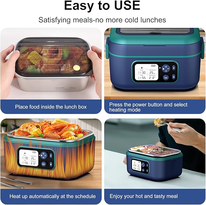 Cordless Electric Heated Lunch Box, 1.5L 6.3Cups 24000mAh Rechargeable Battery Self-Heating Lunch Box, Smart Timer, Even Heating, 100W Portable Food Warmer for Office, Picnic, Car, Outdoor