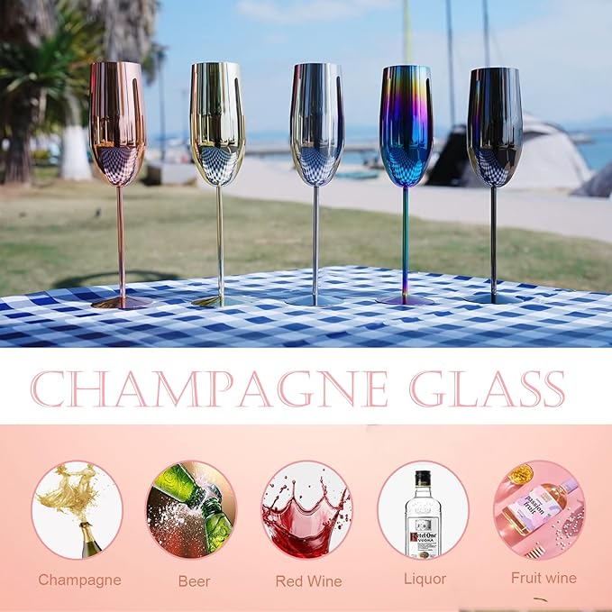 Stainless Steel Champagne Flutes Set of 4-Wedding &Birthday Gifts,8.5 Oz Unbreakable Champagne Glass with Long Stem,Reusable Indoor Outdoor Drinkware (Rose Gold)