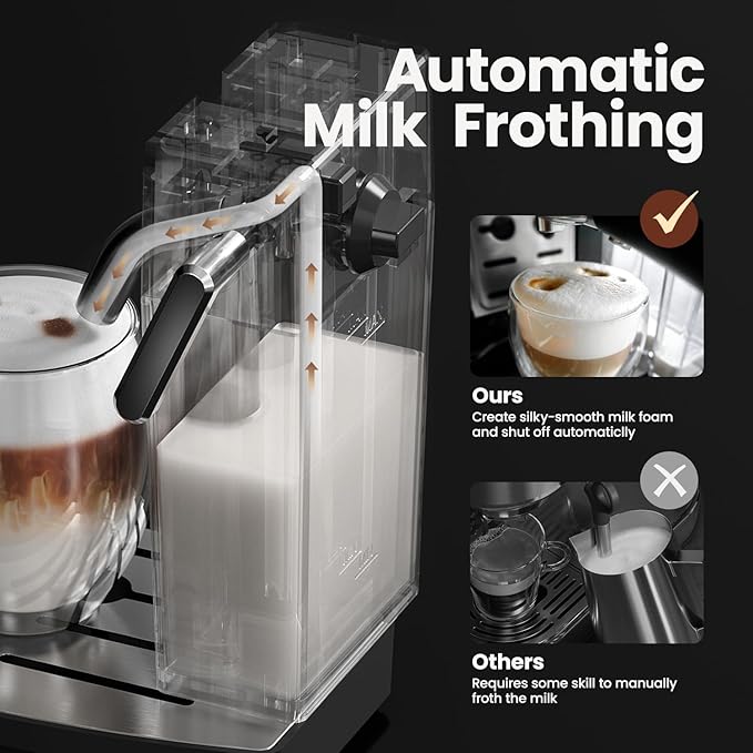 JZ.CAFE Cappuccino Coffee Machine - 20Bar Espresso Machine with Automatic Milk Frother, Espresso Maker in Stainless Steel Design,1250W Coffee Maker for Home, Office