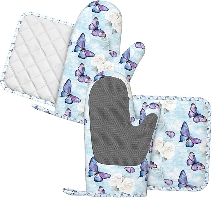 Oven Mitts and Pot Holders Blue Pastel Butterfly Flower Rose Silicone Kitchen Accessories Set of 4 Heat Resistant Long Gloves Potholder Non-Slip Grip for Chef Cooking Baking Grilling BBQ