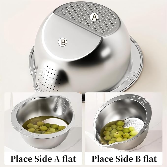 2-Piece 304 Stainless Steel Rice Washer Strainer Bowl with Grater Lid – Multifunctional Fruit Washing Basin and Rice Rinser Set, Heavy-Duty Kitchen Colander
