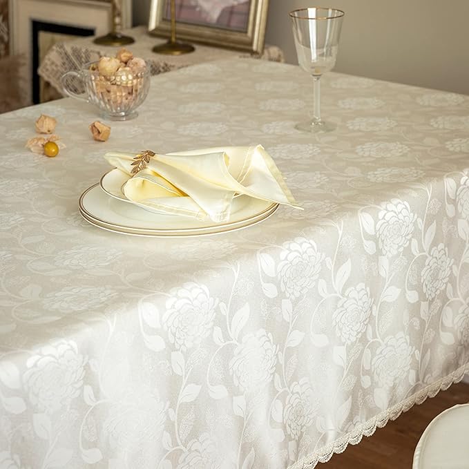 Rose Jacquard Textured Tablecloth Waterproof Spillproof Lace Trim Rectangle Table Cloth, Oblong Table Cover for Kitchen Dinning Tabletop Decor,60x120 Inch,Ivory White