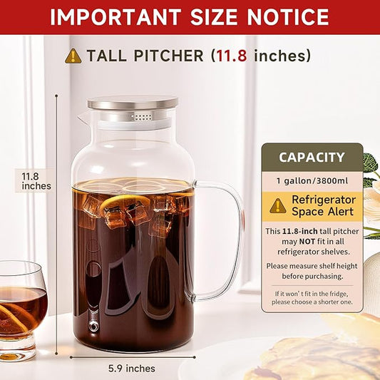 Glass Water Pitcher with Lid and Spout, 1 Gallon Heat Resistant Borosilicate Glass Carafe, Temperature Safe